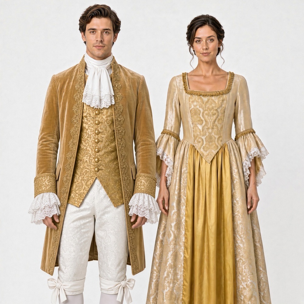Gold Colonial Rococo Costume Set Mens 4pc and Womens Gown Historical Masquerade